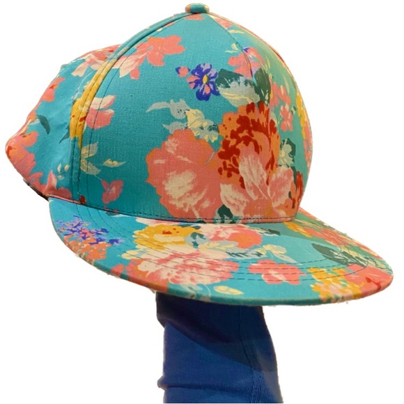 Olive & Pique SnapBack Trucker Baseball Hat, turquoise with pink florals - Picture 1 of 8